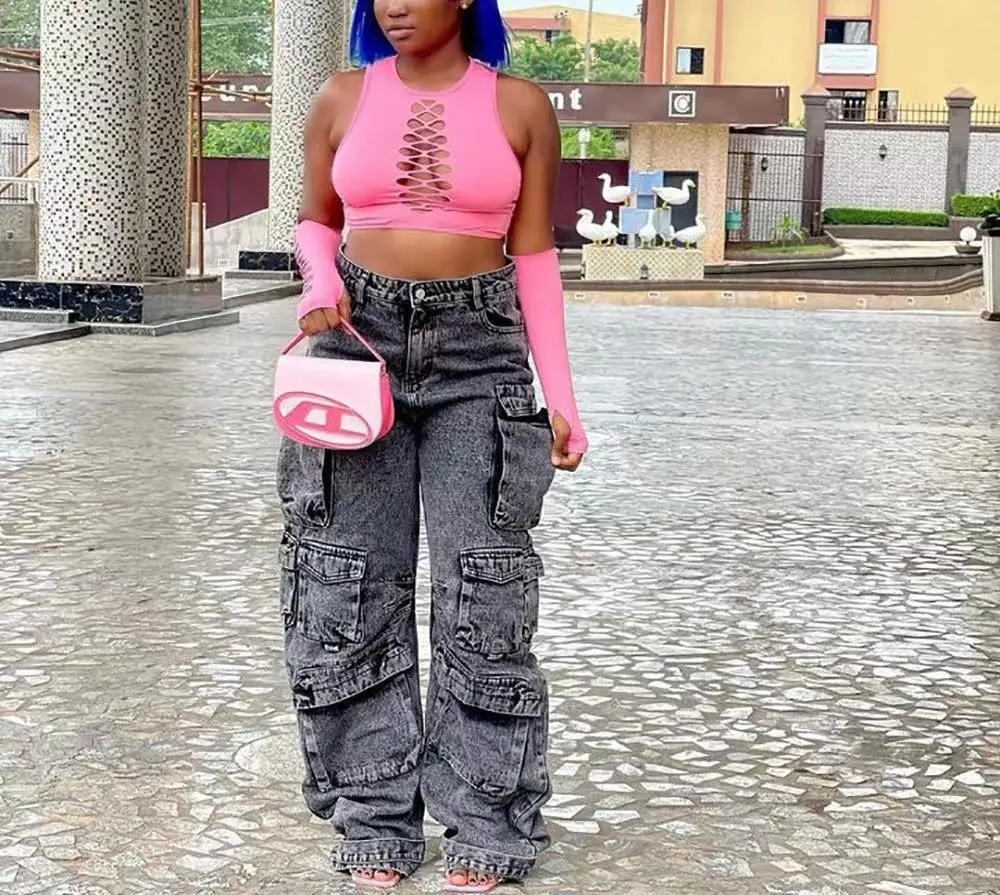High Quality Streetwear Cargo Jeans Women Solid Color Wide Leg Pants Overall Baggy Jeans For Women 2024 Fall