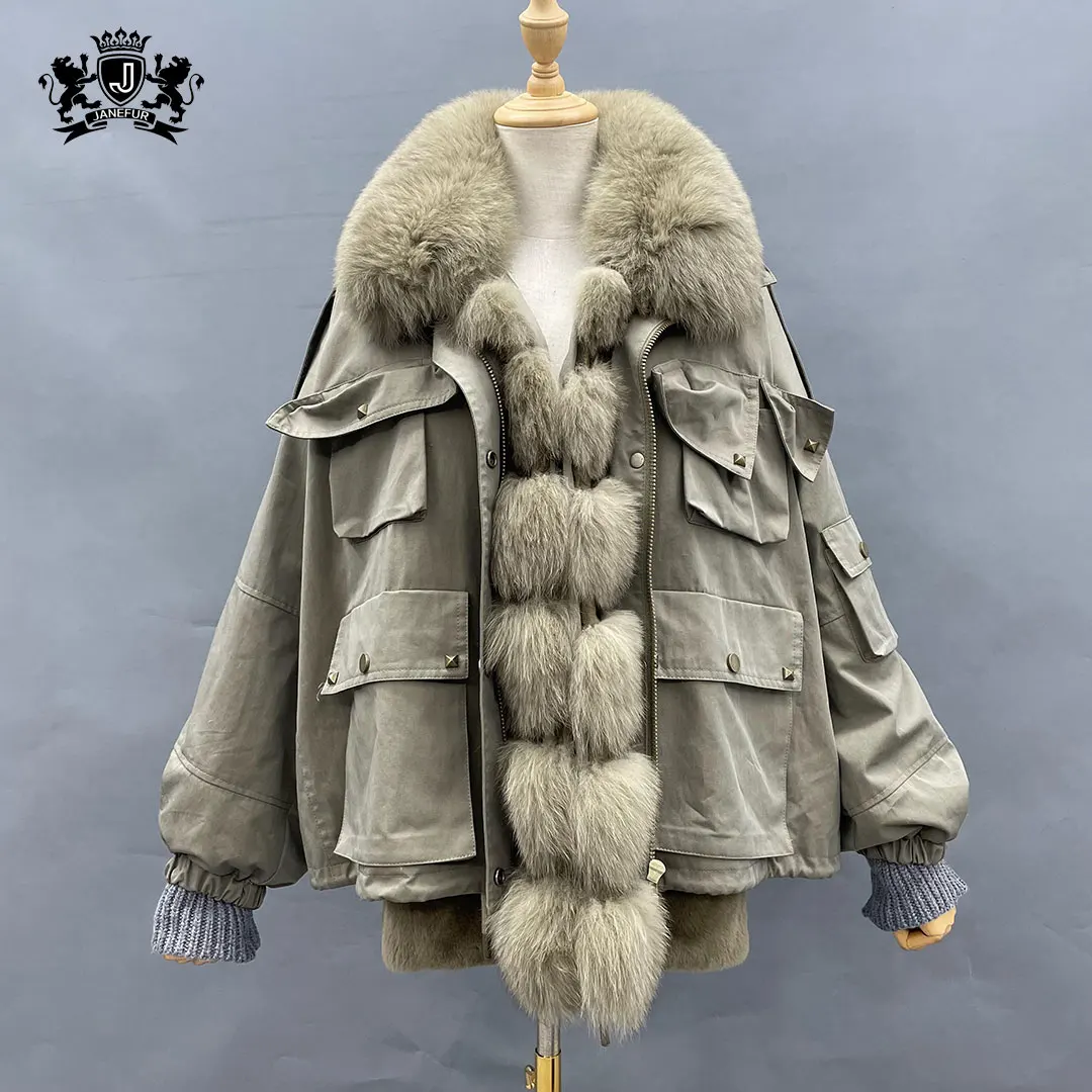Janefur Fashion Winter Reversible Coat Fur Jacket Women Real Rabbit Fur Lined Natural Fox Fur Parka