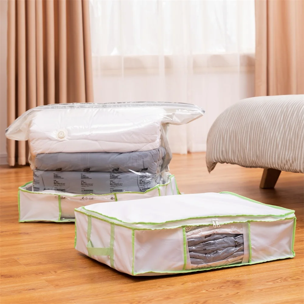 Non- Woven Oxford Cloth Organizer Space Saver Fabric Vacuum Storage Box Clothes Quilt Storage Box White Visible Window
