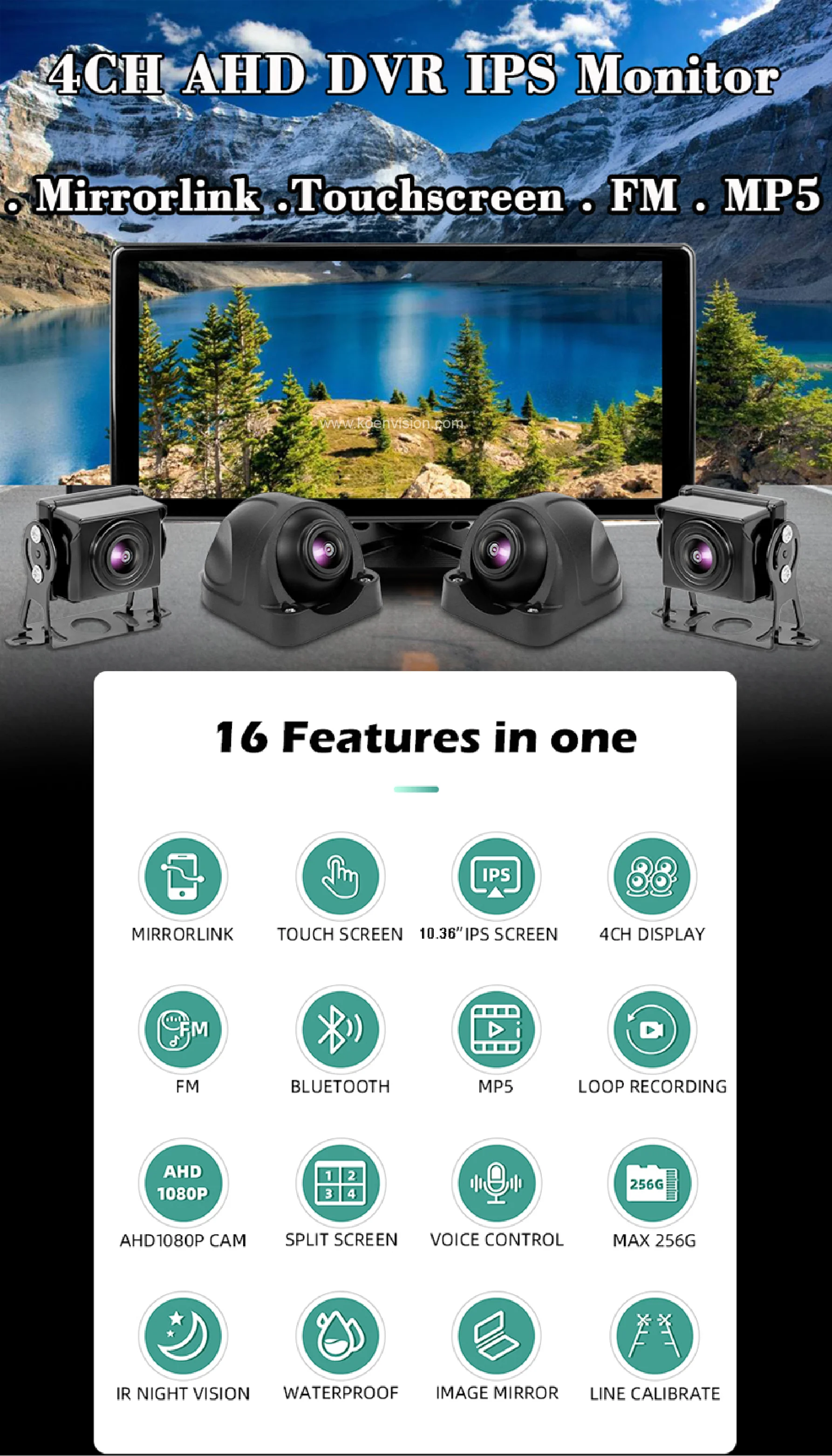 10.36 Inch Bus Monitor AHD Rear View Car Camera 4k Reverse Aid Safety System Car Rearview Mirror Touch Screen Truck Monitor