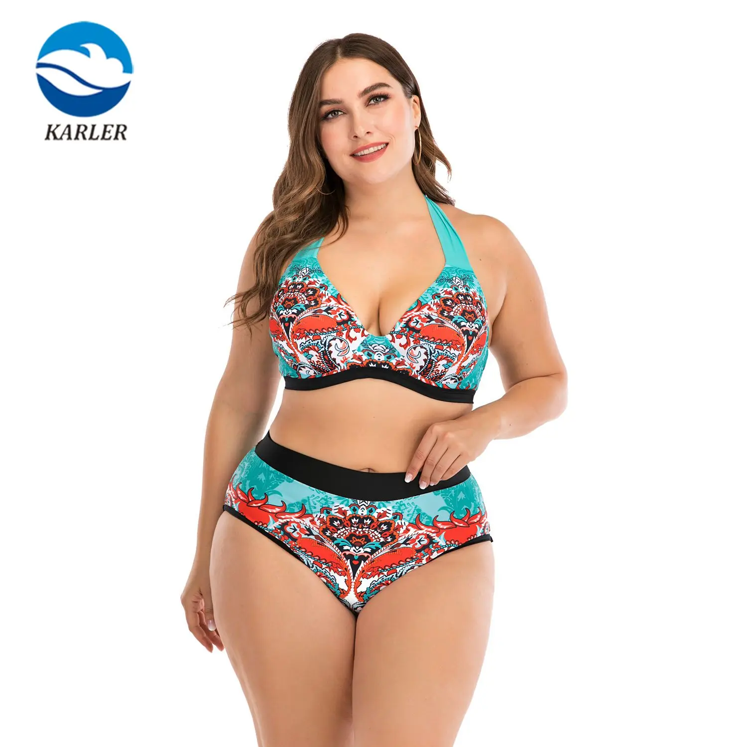 In Stock Women Beach Bikini Push Up Straps V Neck Two Pieces Retro Green Tie Back High Rise Female Plus Size Swimsuit