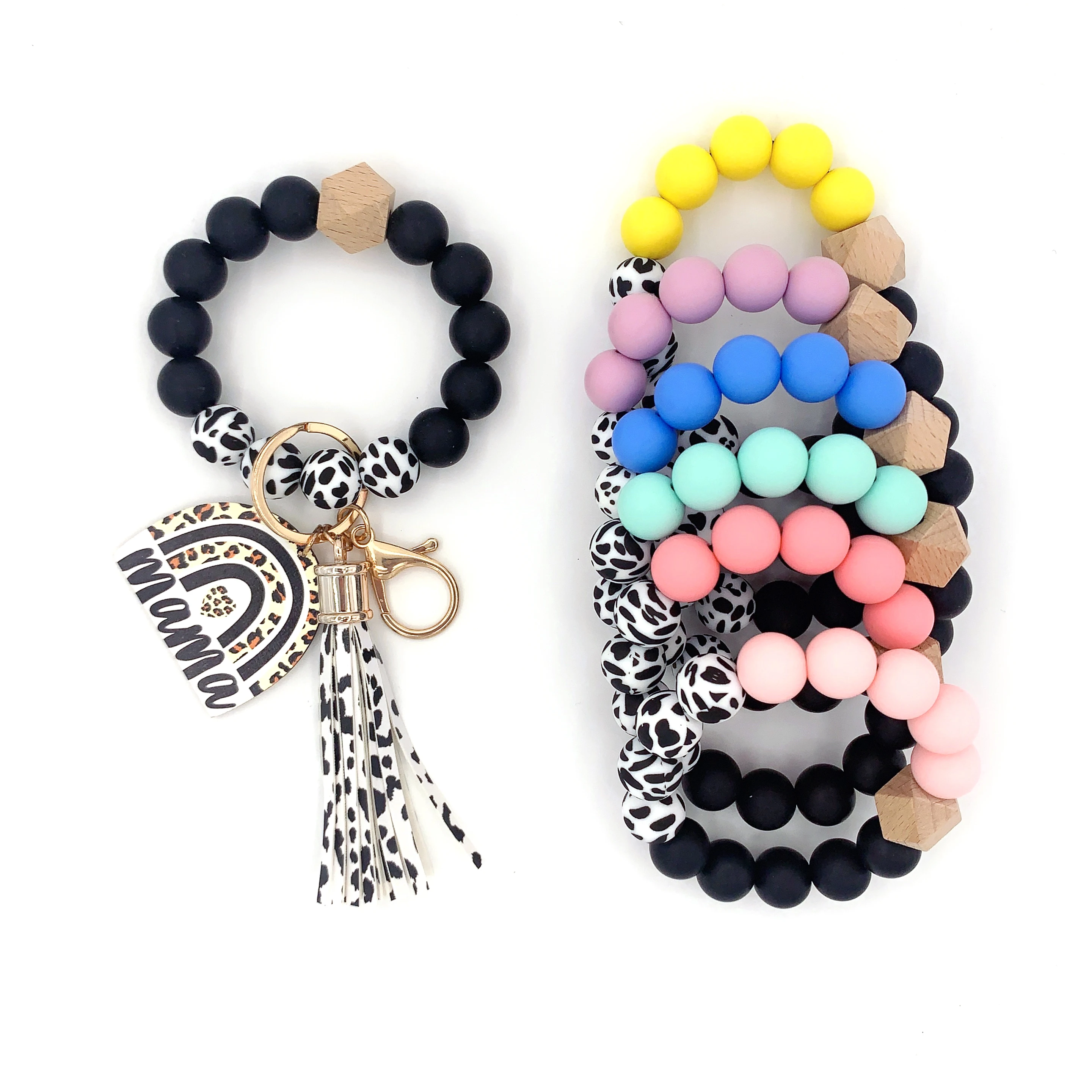 MAMA Silicone Beaded Bracelets Keychain For Women Cute Boho Tassel Car Wristlet Bangle Keyring with Wooden Rainbow Pendant
