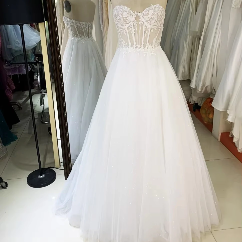 2025 white sleeveless sweetheart embroidery corset bodice zipper up back A line tulle wedding bridal dresses