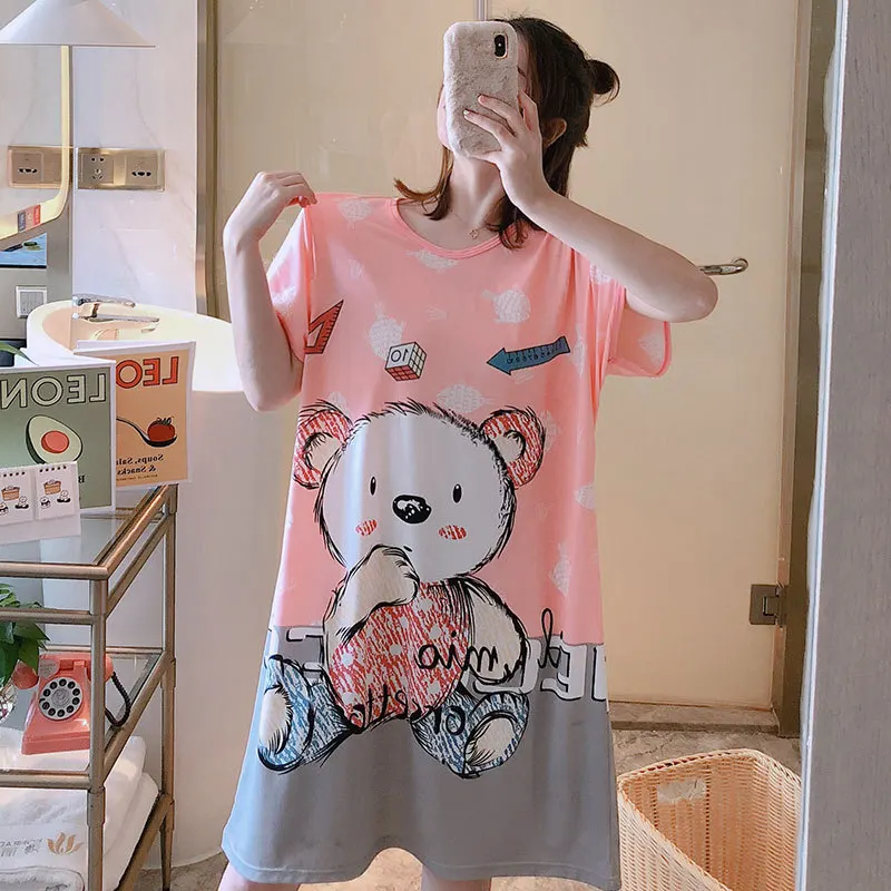P039 Summer Plus Size Nightdress Cute Cartoon Printed Sleepwear Dress Ladies Everyday Loungewear Pajama Onesie Nightgown