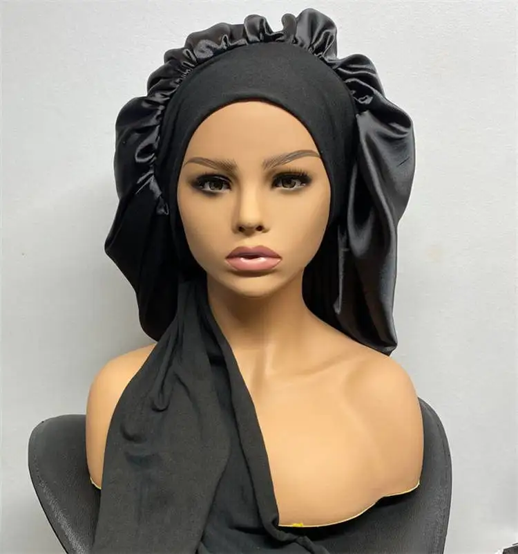 
Hot selling custom logo satin silk bonnet with tie band 