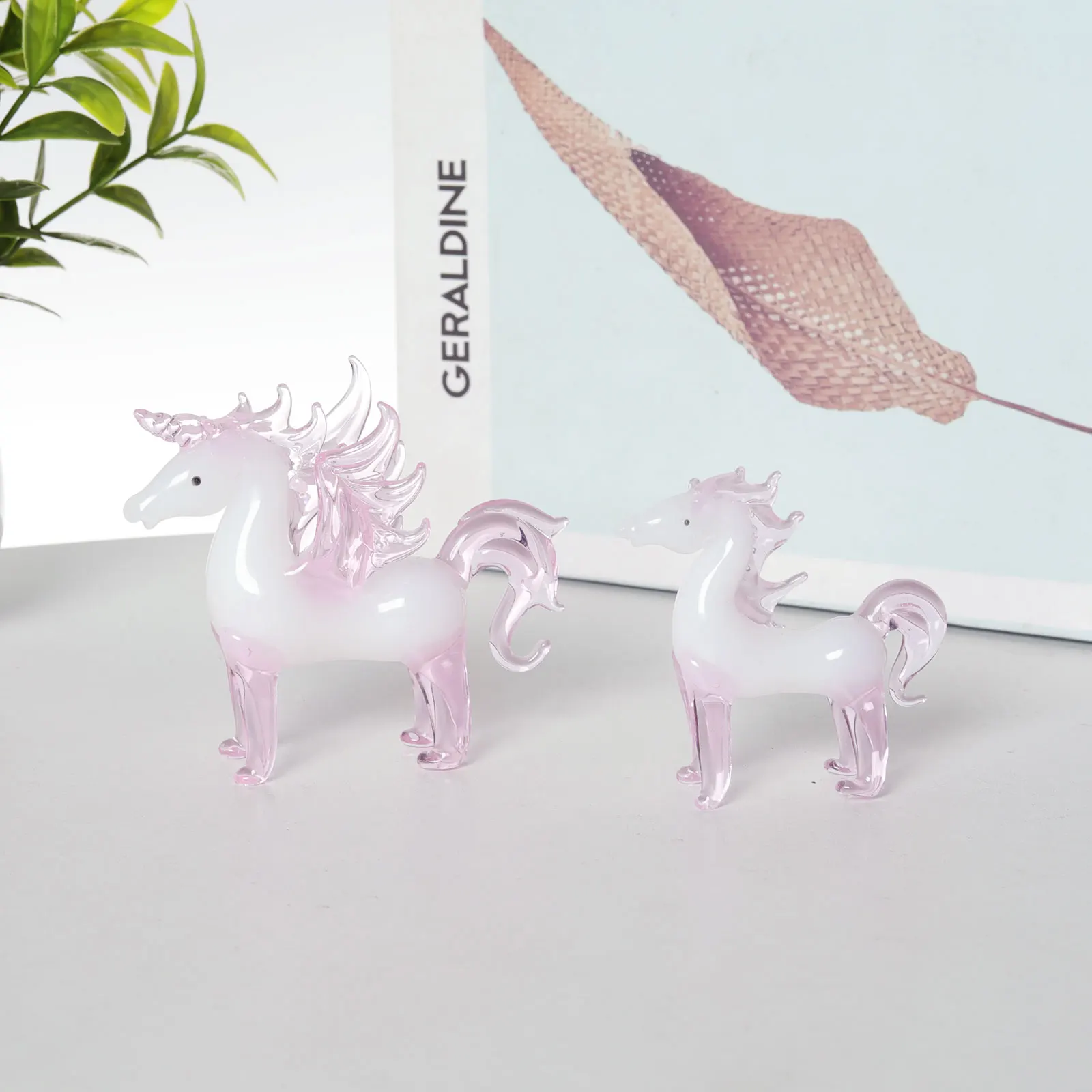 Pink Glass Crystal Horse Animal Figurines 2PCS  Set Miniature Paperweight  Gift Home Decoration