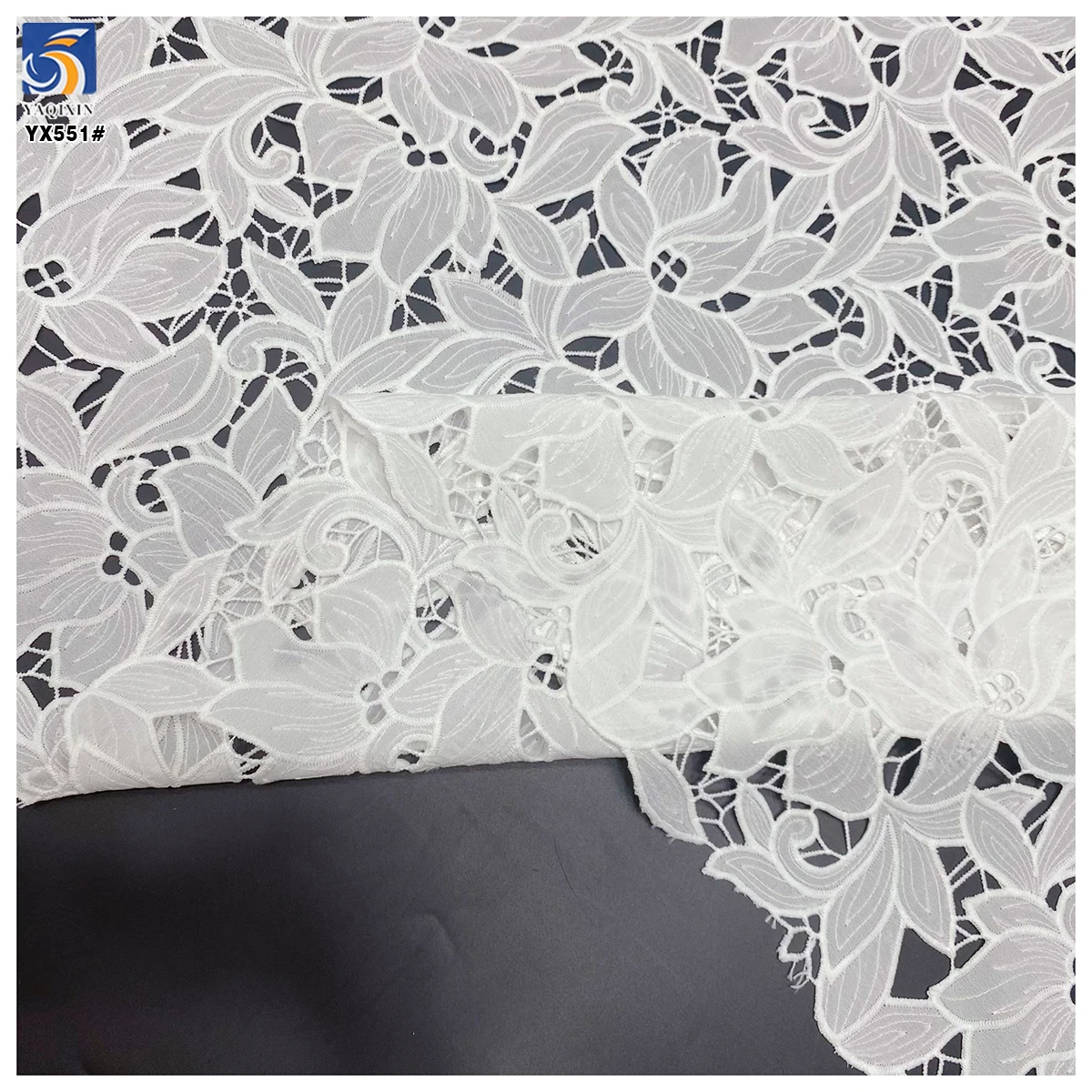YX551 2025 Custom Dyed White Lotus Leaf Embroidered Fabric 100% Polyester Milk Silk Lace Embroidery Fabric