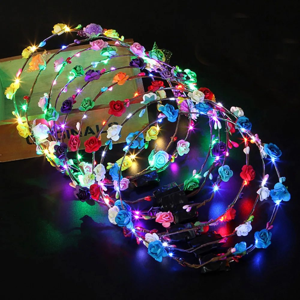 Hot sale Led Light Up Glowing Garland Wedding Party Ten Flowers Headband Adjustable Size Kids Toys Wreath Decoration Luminous