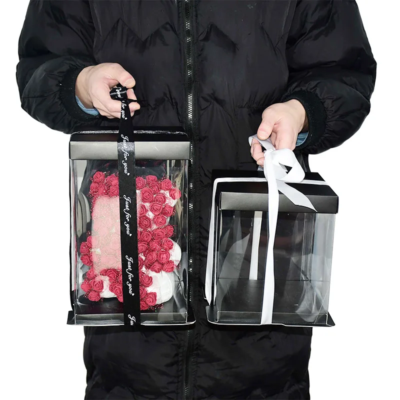 20 28cm Transparent Gift Box Artificial Flower Rose Bear Packaging Box For Valentines Wedding Birthday Gift Cake Decor Clear Box