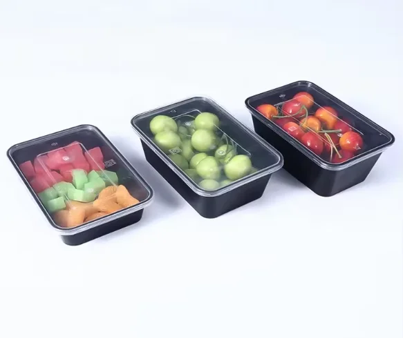 Custom 26 28 32 38 OZ Rectangular Black PP Takeout Food Container Base Disposable Plastic Bowl with 1 Compartment