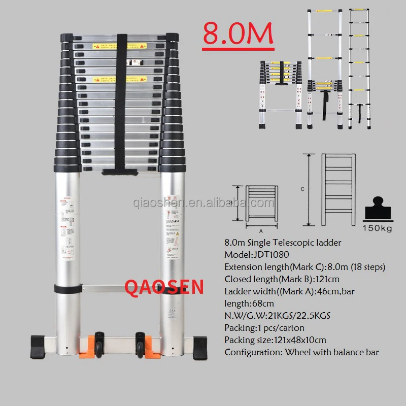 Upgrade 8.0M Single Telescopic Ladder with Balance Bar Aluminum