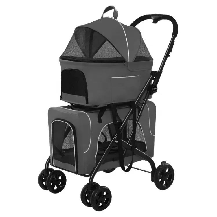 Eaynon Customized Portable Folding Double-Layer 3 in 1 Pet Stroller With Detachable Carrier Pet Trolley For 2 Dogs and Cats