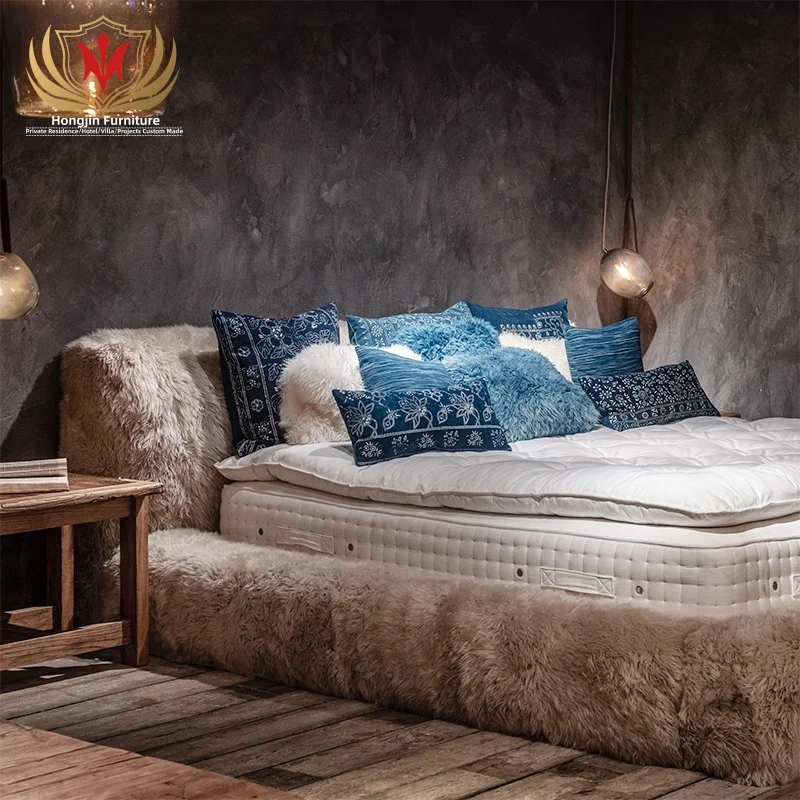 HJ HOME Postmodern Luxury Bedroom Furniture Solid pine Wood frame Sheepskin Platform King Size Bed For Villa bedroom