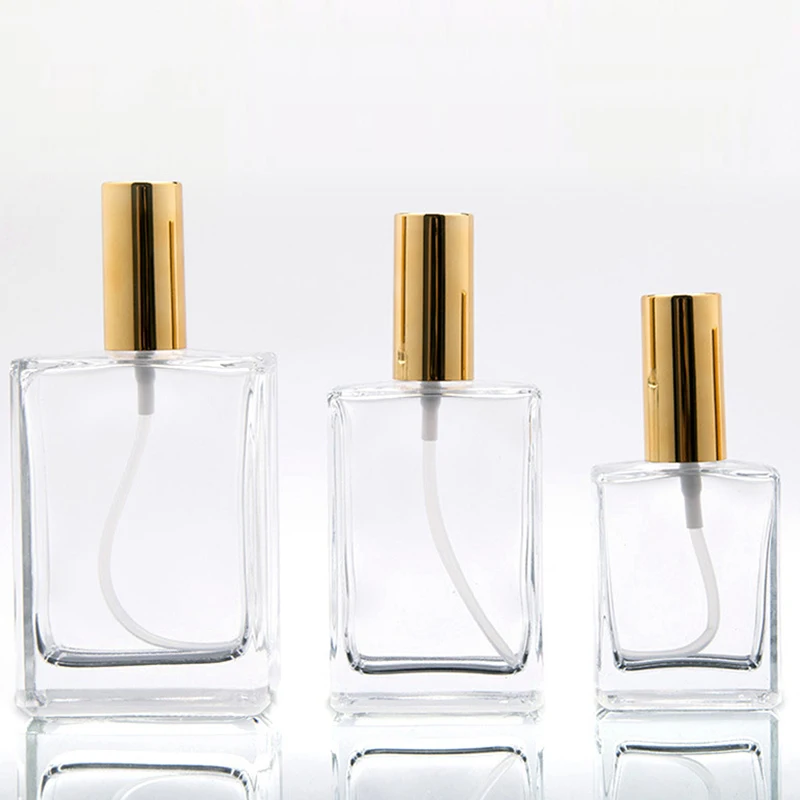 15ml 30 ml 30ml 50ml 100ml Refillable Square Clear Perfume Spray Glass Bottle with Gold Aluminum Sprayer Head and Cap