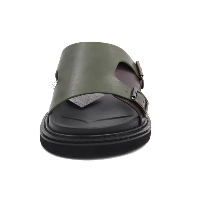 Custom italian handmade Summer Slipper with dark green calf Leather up and soft PU Insole Leather Beach for Outdoor Use