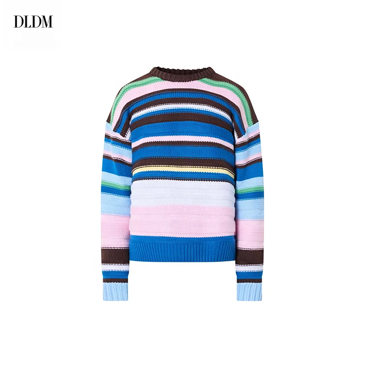 DLDM OEM&ODM Custom Design Logo Colorful Boxy Crew Neck Striped Dropped Shoulders Ribbed Trims Pullover Knitting Models for Men