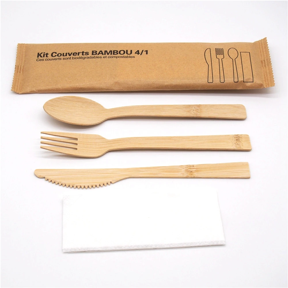 Custom Eco Friendly Recycled Disposable Portable Knife Forks Spoons Bamboo Wood Cutlery Travel Set With Napkin