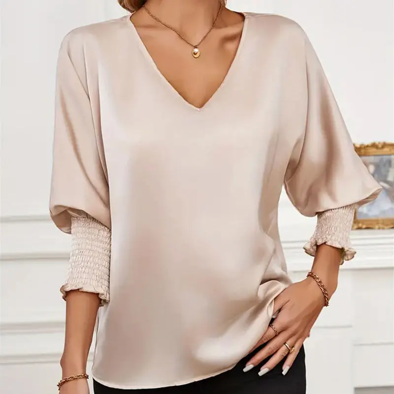 Plus Size Solid V-neck Lantern Sleeve Top Chic Shirred Dolman Blouse Smoothly Elegant Shirred Trim Loose Satin Blouse