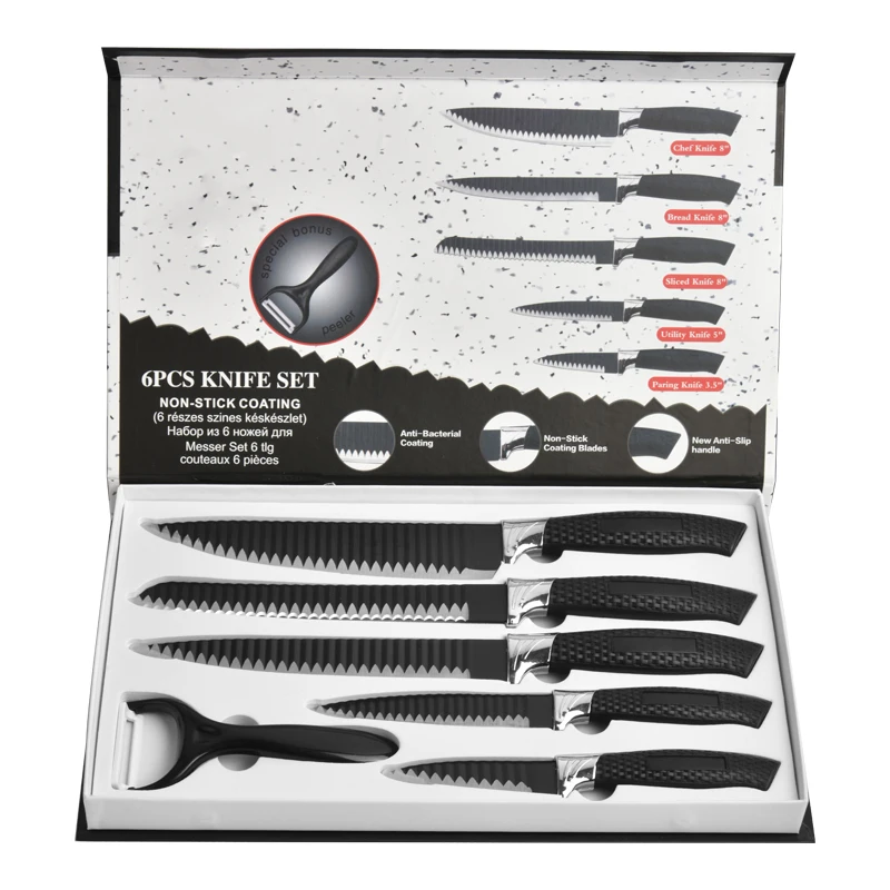 In Stock Wholesale 6 Pieces Kitchen Knife Set Banding Non-stick Coating Knife Set Plastic Handle Knives With Gift Box