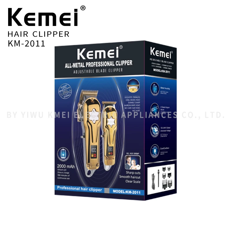 Kemei KM-2011 Новая Мужская электрическая машинка для стрижки волос, комплект из двух предметов, костюм светодиодный дисплей Металлическая машинка для стрижки волос USB зарядка триммер машинка для стрижки волос