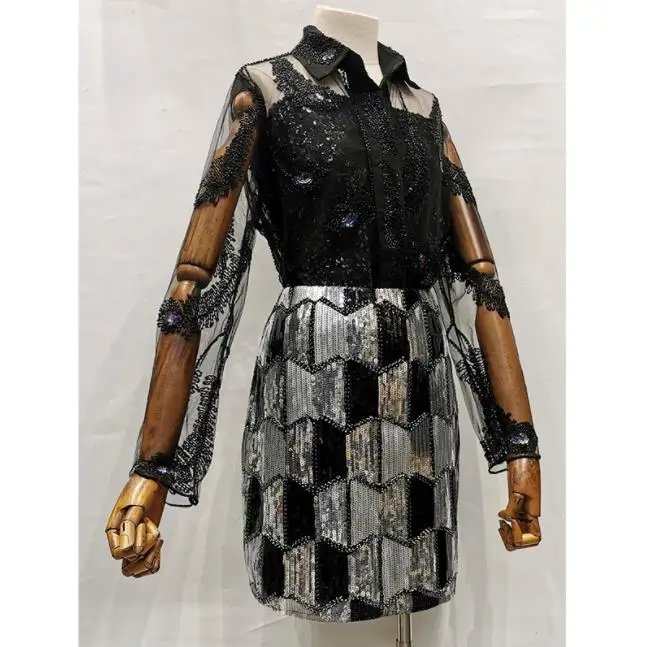 Fashion New Sexy Blouses Women Beaded See Through Mesh Tops Female Long-Sleeved Lapel Shirt Wholesale