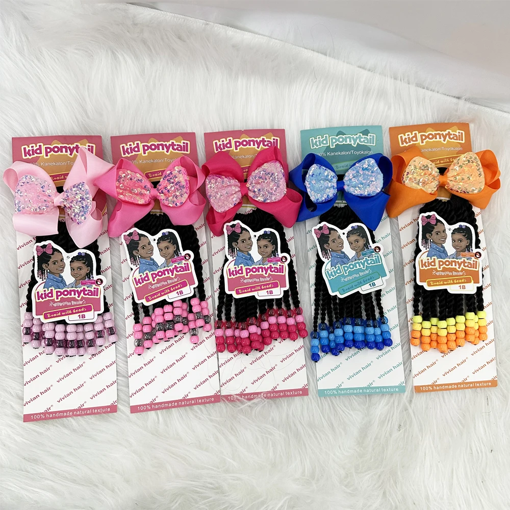 Pink glitter bow with beads ponytail rose pink color 6inch 8inch kids braided ponytail with sengel twist box braid styles