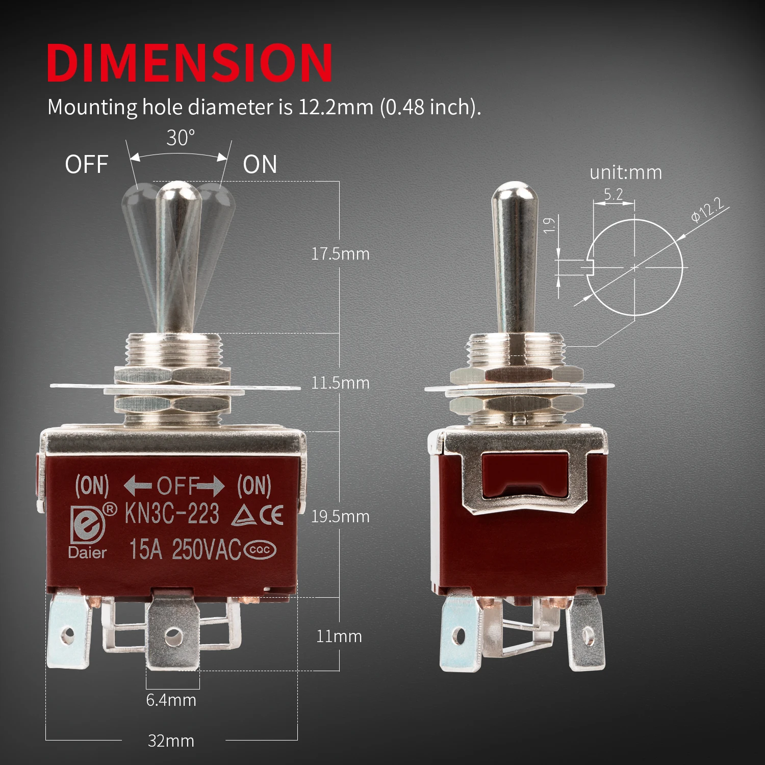 Daiertek KN3C-223AAP 4 Pin (ON)-OFF-(ON) Momentary DC Automatic Motor Control Polarity Reverse Toggle Switch