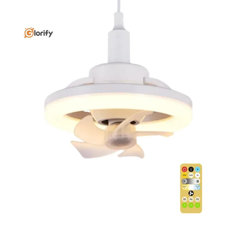 New minimalist remote control electric fan light E27 screw mouth three color  household 360 rotation led fan light