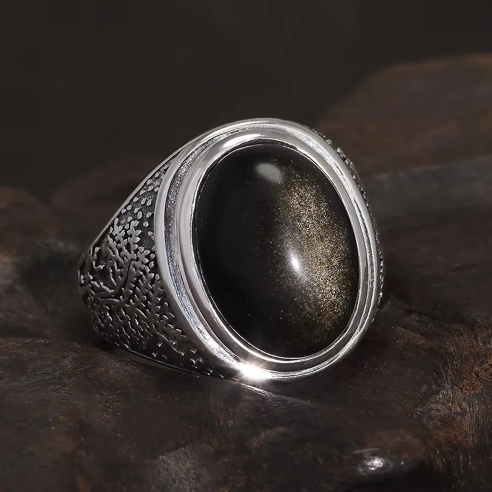 925 Sterling Silver Natural Golden Obsidian Ring for Men Engraved Tree Authentic Gemstone Turkish Rings Vintage Female Jewelry