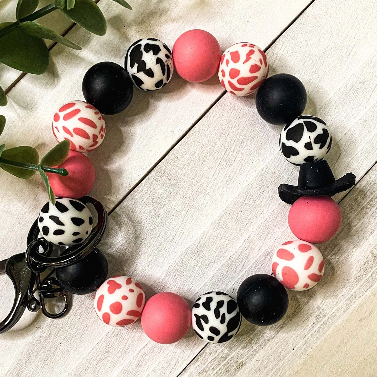 Girls Accessories Cow Print Silicone beads Bracelet Western Style Cowboy Hat Wristlet Keychain for Women