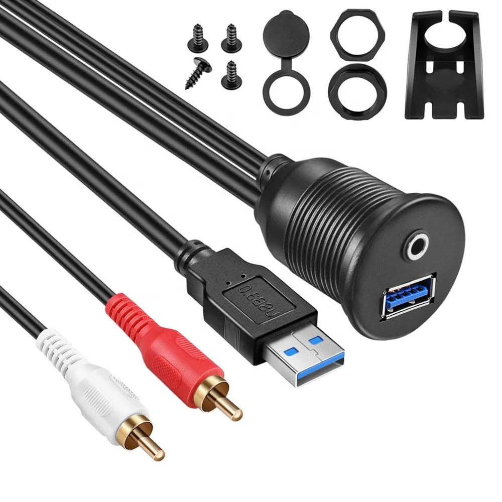USB 3.0 RCA Flush Mount Cable Kit USB 3.0 and 2 RCA to USB and 3.5mm Female AUX Extension Cable Dashboard Panel Dash Mount Port