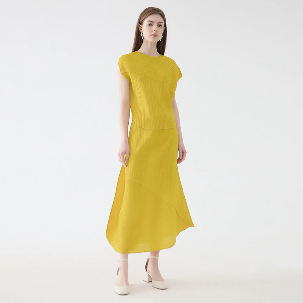 High quality miyake 2 pieces set solid color women irregular hem pleated skirt loose summer casual vacation outfit