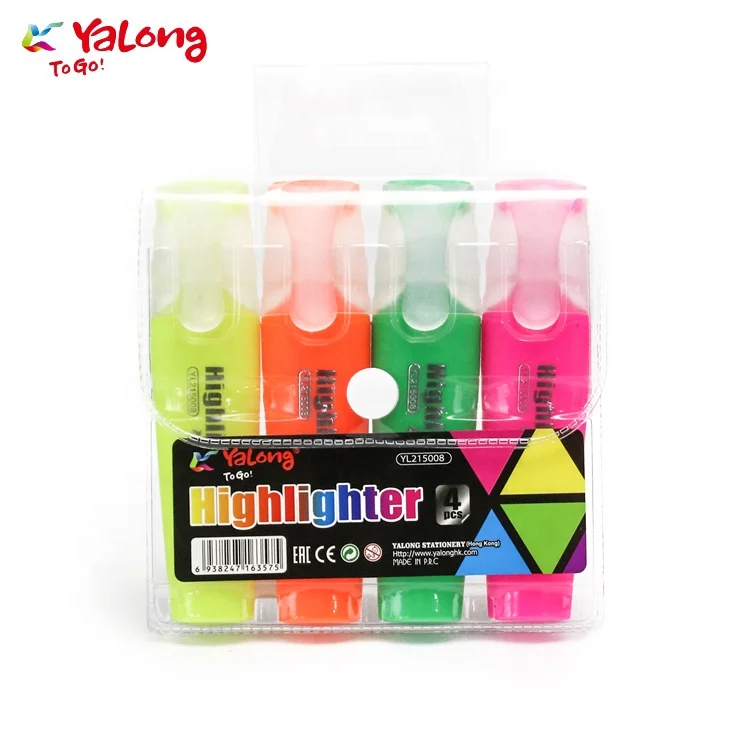 Yalong brand promotional gift highlighter pen marker 4 color mixed in a PVC package pastel highlighter