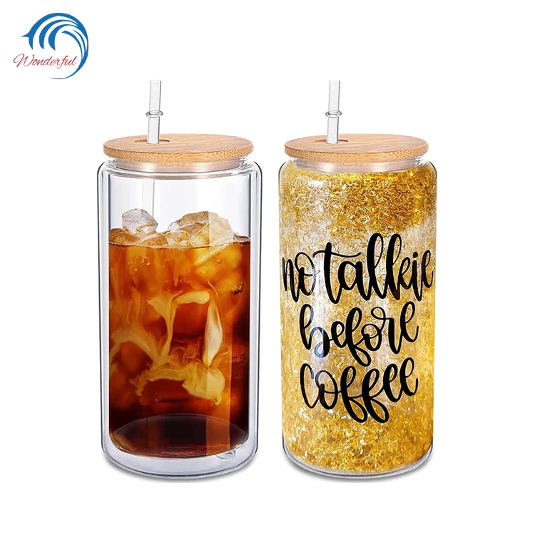 16oz sublimation Snowglobe glassware cup snow globe water tumbler clear iced coffee mug double wall beer can glass with lid
