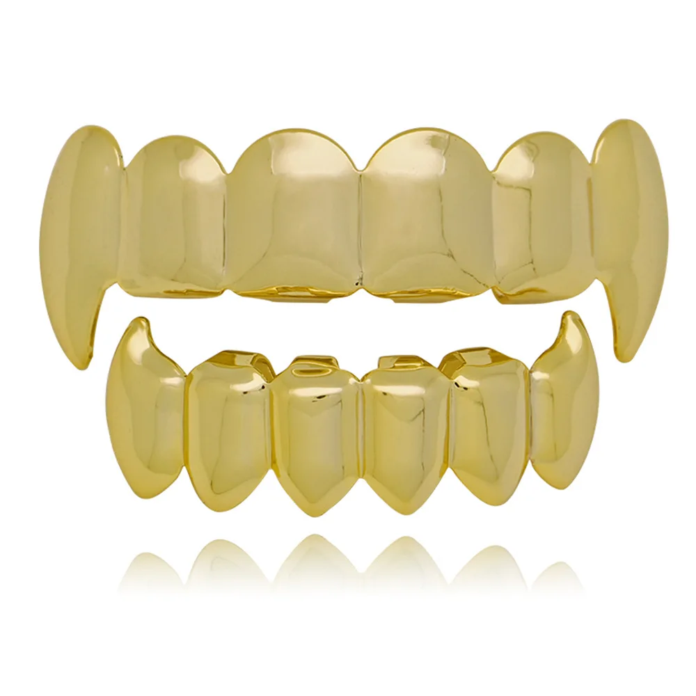 High Quality Copper Plain Fangs Grillz Hip Hop 18K Gold Plated Top Bottom Teeth Grillz Set Body Jewelry Unisex