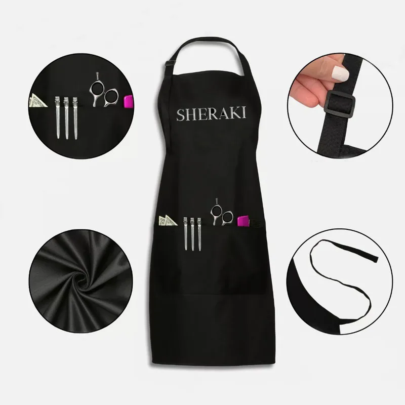 custom plain black long strap beauty hair nail artist apron with logo