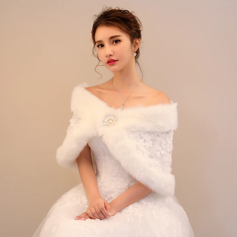 
Wholesale new fluffy plush collar shawl faux rabbit fur bridal lace rhinestone shawl 