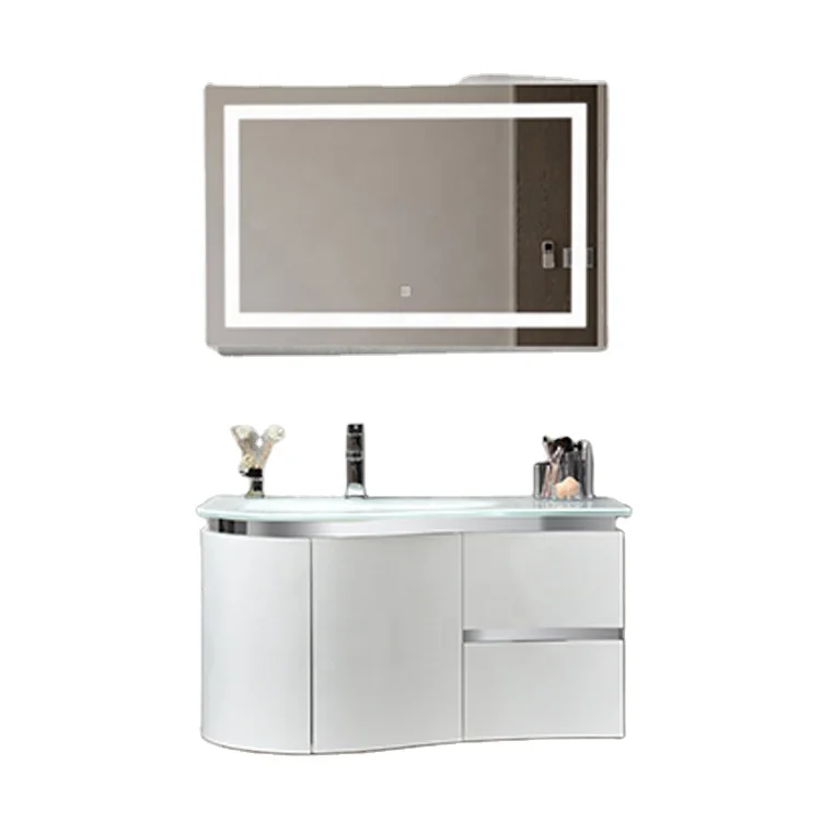Hotel modern glass basin home wall mounted pvc bathroom furniture white