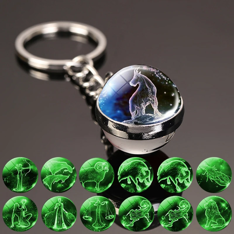 Fasion Glass Ball Luminous Horoscope Pendant Astrology Glow In Dark 12 Zodiac Sign Keychain For Key Bag