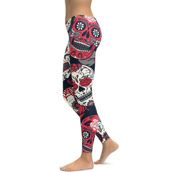 92% Polyester 8% Spandex Yoga Waist Milk Silk Buttery Soft Brushed Digital Print Custom Womens Sugar Skull Leggings For