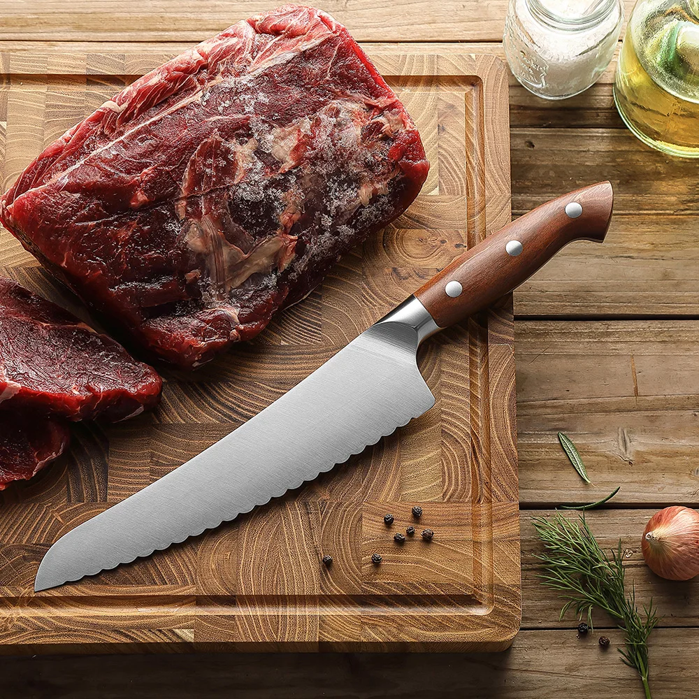 New Design Frozen Food Knife German Stainless Steel Meat Slicing Kitchen Knives Red Wood Handle Custom