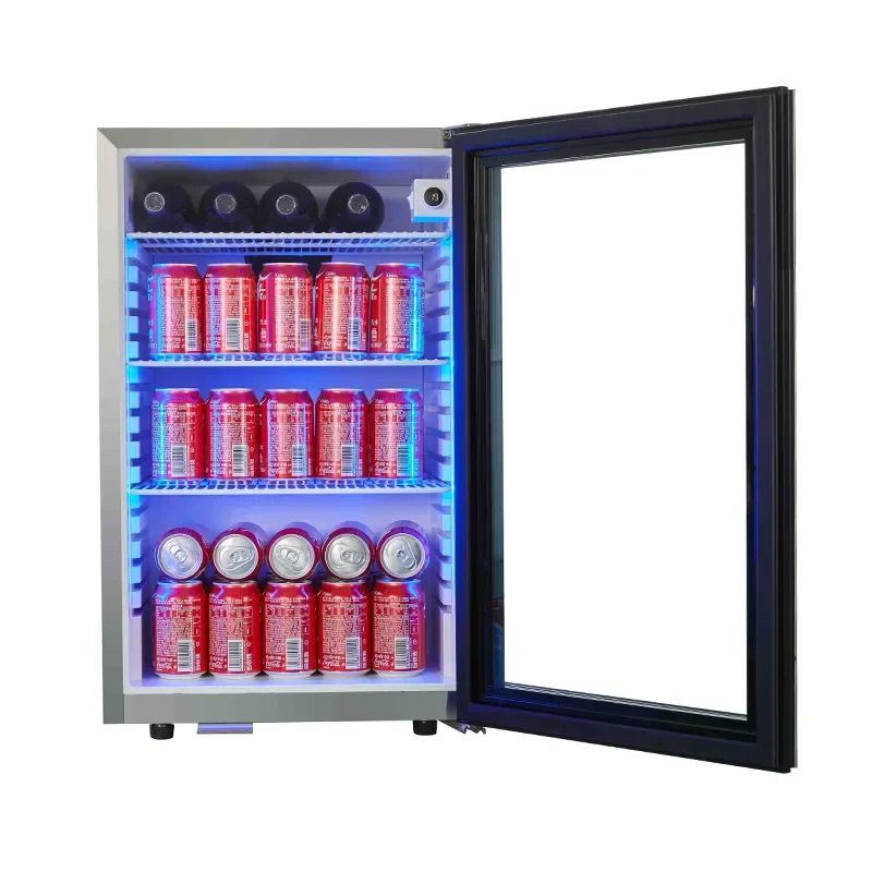 65cans+4 Bottles Beer Fridge Steel Stainless Glass Door Drink Fridge Under the Counter Beverage Wine Refrigerator for Household