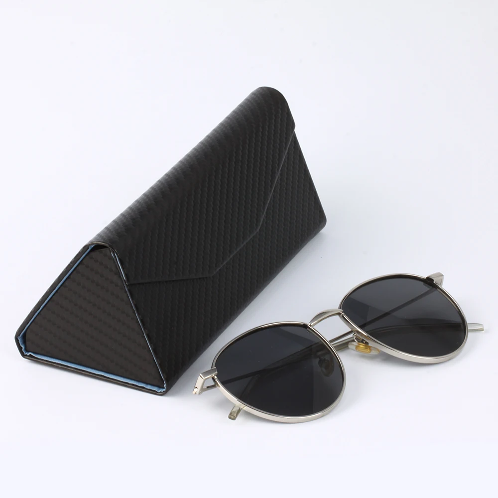 Optical Sun Case High End Level PU Carbon Fiber Texture Material Shining Metal Logo Triangle Foldable Eyeglasses Case