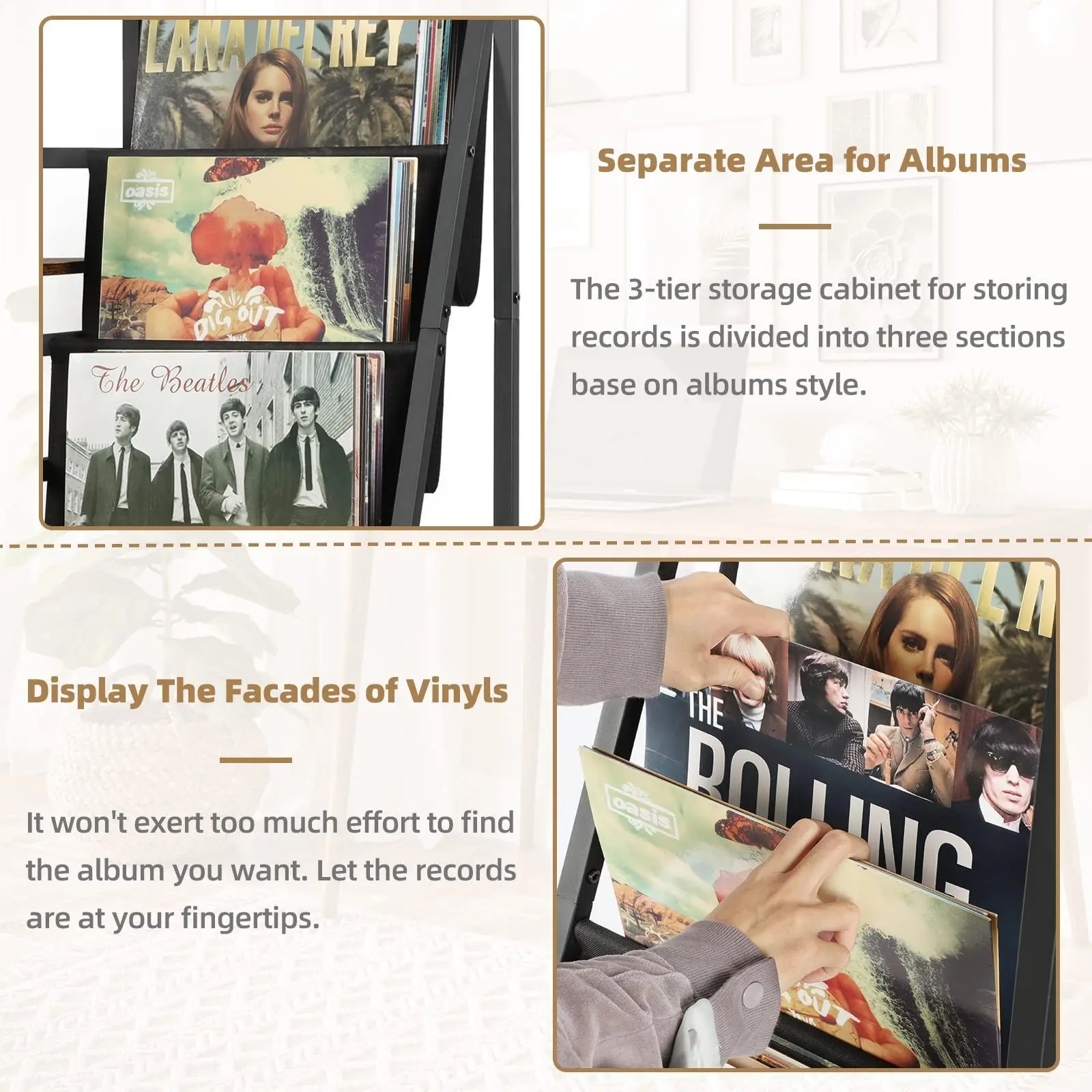 Record Player Stand with Vinyl Storage Record Player Table with 3-Tier Vinyl