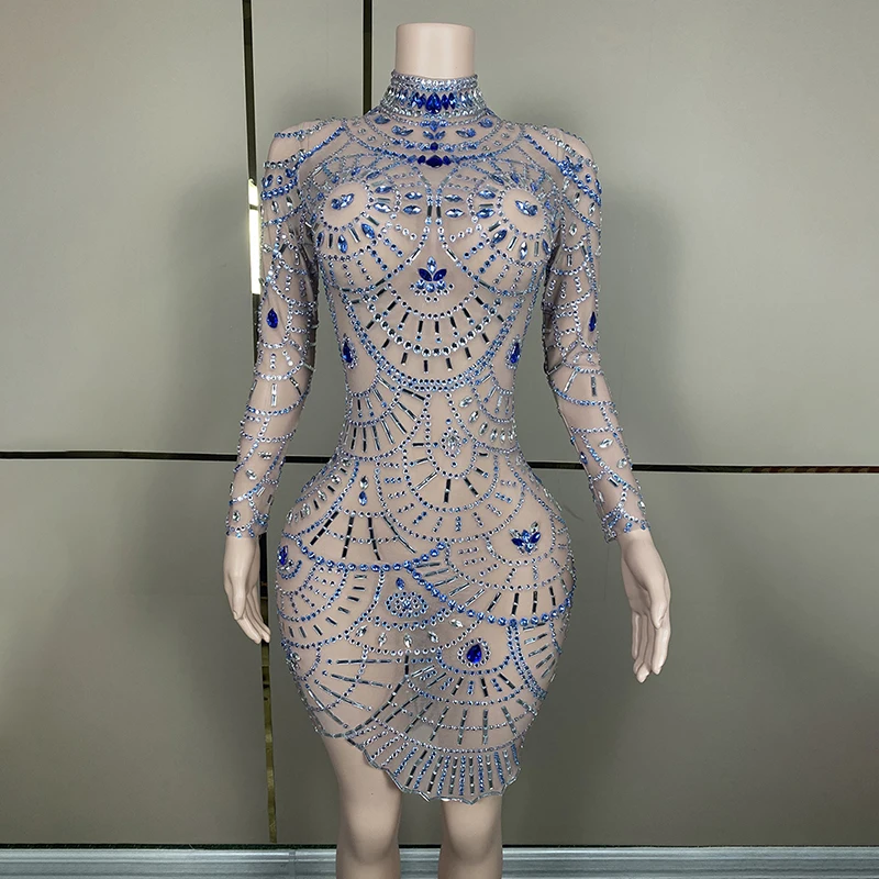 Evening Dresses Long Sleeve Sexy Rhinestone Women Party Clothes Mesh Luxurious Casual Clothes For Women