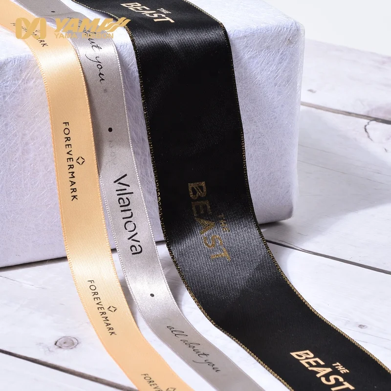 Yama Factory 3D Puff Foil Gold Printed Custom Satin Ribbon With Logo Satin Branded Ribbon