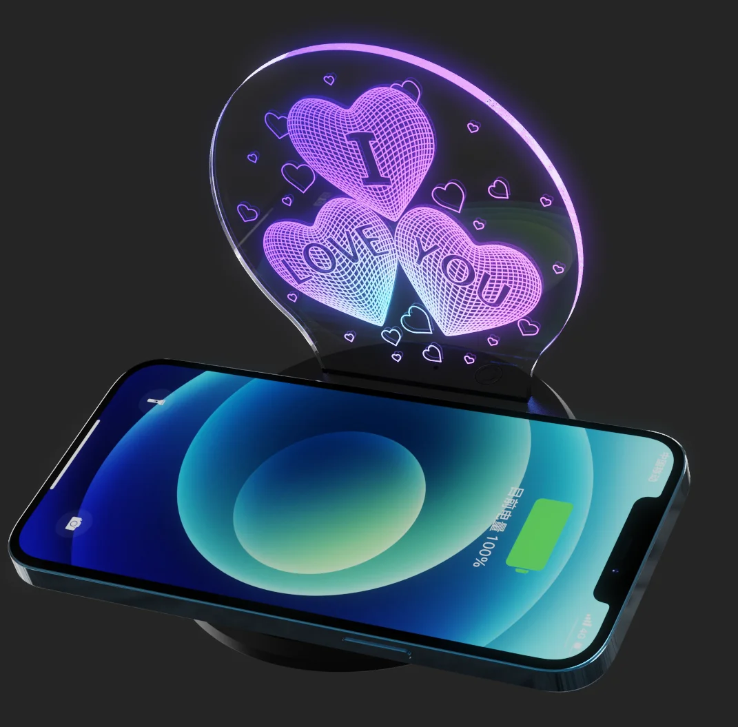 New Custom Pattern Promotion 3D Art 7 Colors RGB LED Light 15W Qi Fast Multi Wireless Charger Pad Phone Holder With Night Light
