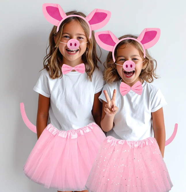 ecoparty  Pig Costume Hairband Elastic Strap Ears Headband Nose Bowtie Tail Cosplay Set for Carnival Animal Themed Parties
