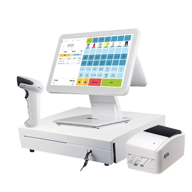 Sistema caja registradora pos computadora inteligente para tienda negocio supermercado modernas con punto de venta 2 pantallas