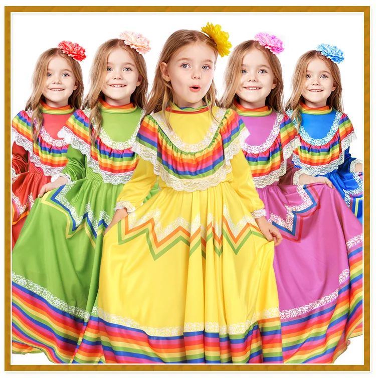 Mexican Ethnic Dance Halloween Cosplay Costume Traditional Dress Long Gypsy Flamenco Dance Day of Dead Carnival Skirt for Girls